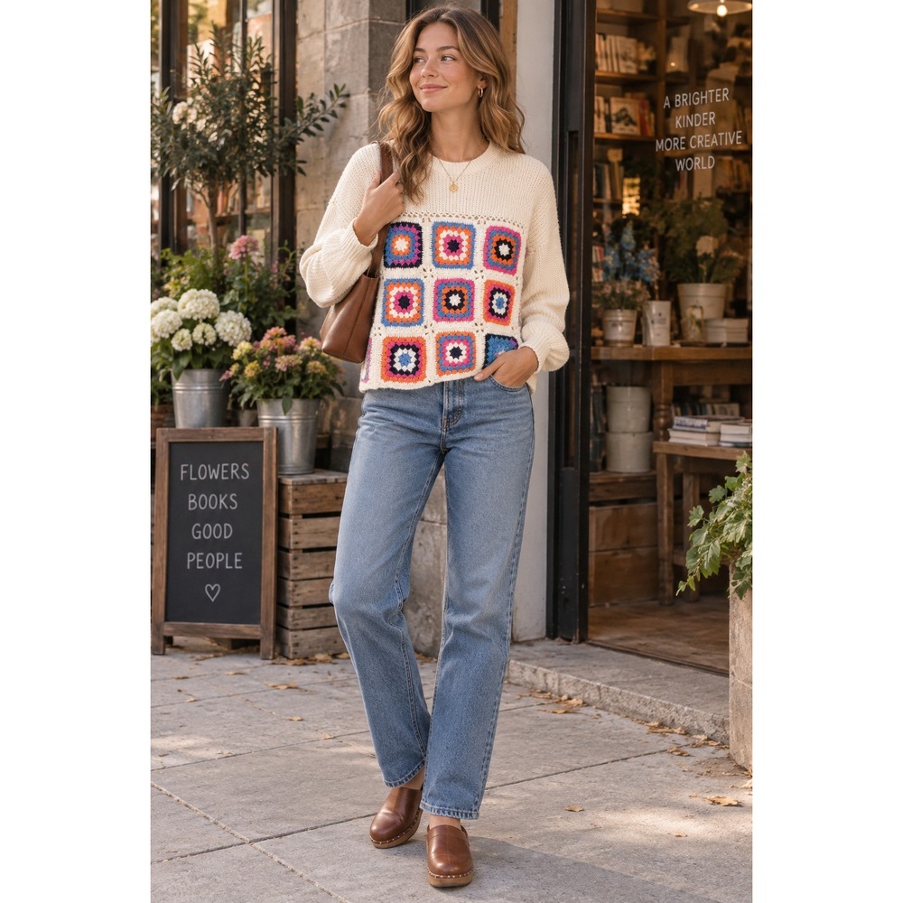 Sadie & Sage Granny Square Crochet Knit Cotton Sweater Cream XS/S